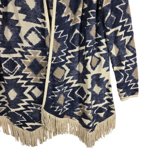 Lucky Brand Sweater Womens Small Navy Aztec Open Fringe Cardigan Boho Cozy Soft - Picture 5 of 11